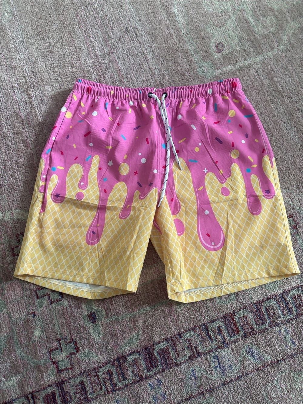 Kids’ Pink & Yellow Baseball Ice Cream Drip Swim Shorts